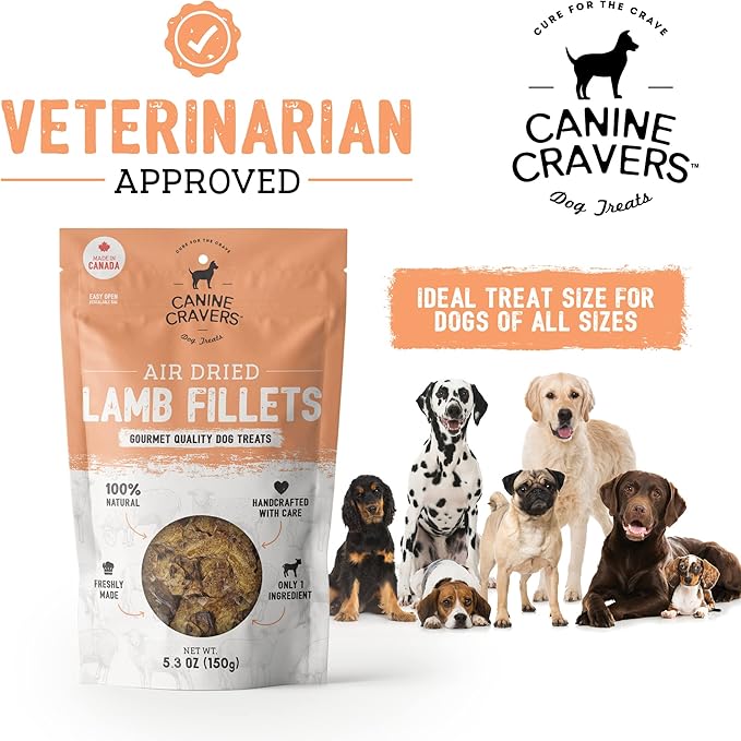Canine Cravers Single Ingredient Dog Treats – Premium Lamb Fillets - Human Grade Air Dried Hypoallergenic Pet Food – Grain, Gluten, and Soy Free – 100% All Natural – 5.3 oz (Pack of 2)