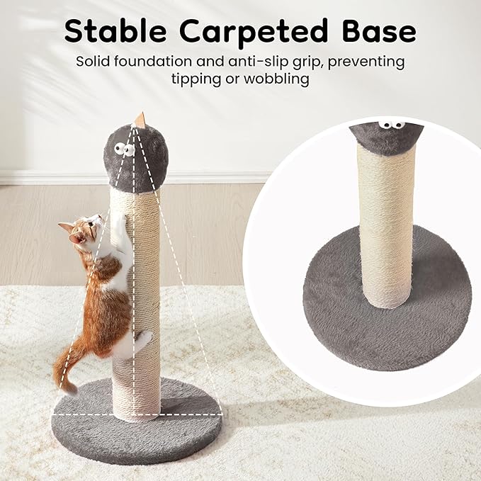 22" Cat Scratching Post, Sisal Cat Scratcher with Interactive Hanging Toy, Monster Scratch Pole for Indoor Cats, Cute Cat Scratch Post for Kittens & Large Cats, Grey
