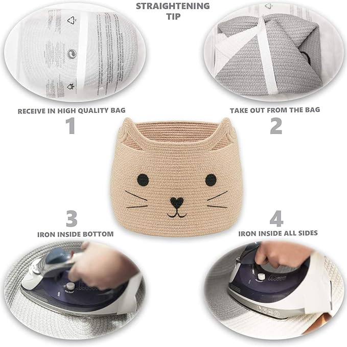 VK VK·LIVING Animal Baskets Large Woven Cotton Rope Storage with Cute Cat Design Laundry Organizer for Towels, Blanket, Toys, Clothes, Gifts – Cat Toy Box Pet or Baby Gift Baskets 15"Lx14H"