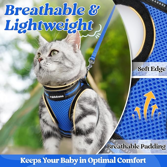 rabbitgoo Cat Harness and Leash Set for Walking Escape Proof, Adjustable Soft Kittens Vest with Reflective Strip for Cats, Comfortable Outdoor Vest, Blue, XL