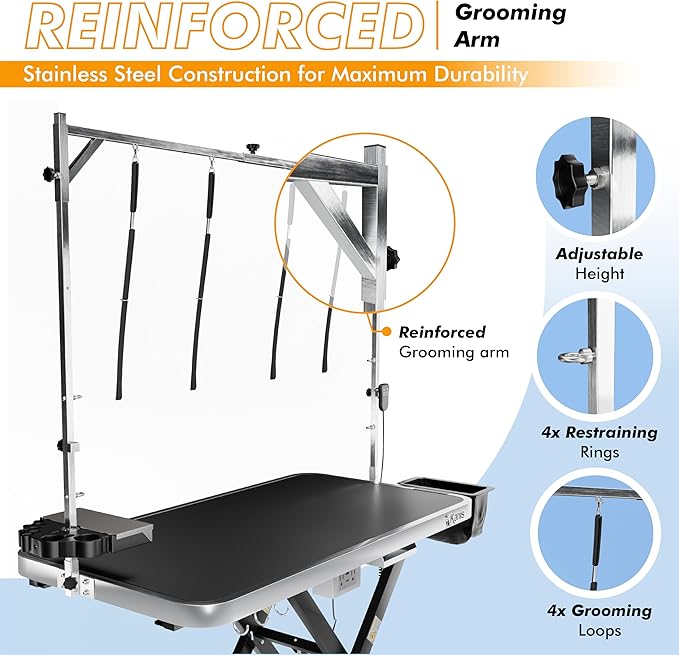 KANIS Professional Electric Dog Grooming Table - Heavy Duty, Height Adjustable Pet Grooming Table w/Leveling Wheels, Grooming Arm, Anti Slip Tabletop & Tool Organizer/Dog Grooming Station (49", BLACK)