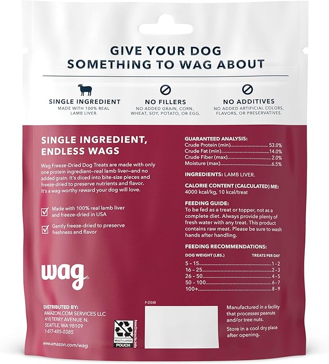 Amazon Brand - Wag Freeze-Dried Raw Single Ingredient Dog Treats, Lamb Liver, High Protein, Healthy Training Treats or Meal Topper for all Dogs, Grain-Free, 3.3oz