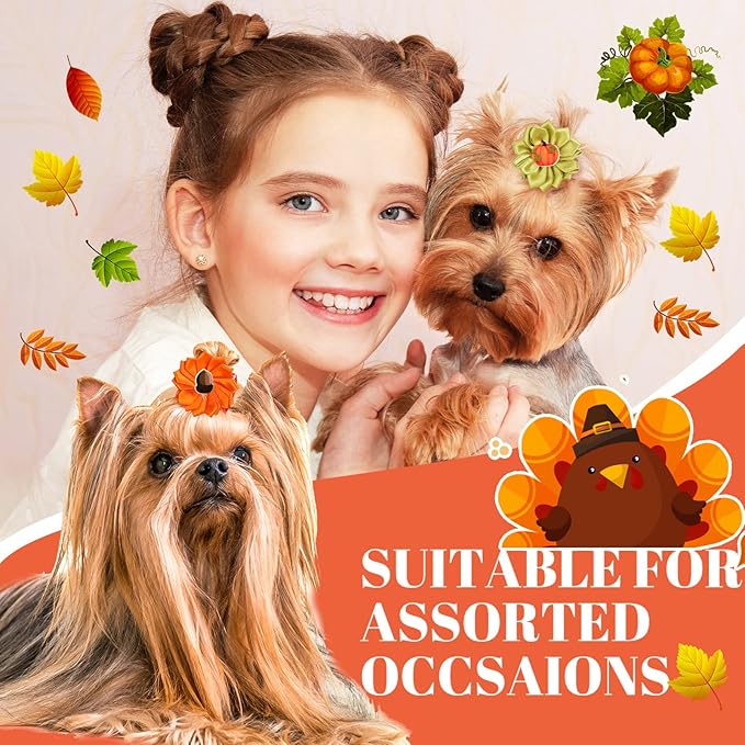 Sadnyy 60 Pack Thanksgiving Dog Hair Bows Fall Dog Flower Bows with Rubber Bands Thanksgiving Puppy Grooming Hair Accessories Pumpkin Turkey Pattern for Holiday Puppy Cats Pets Accessories