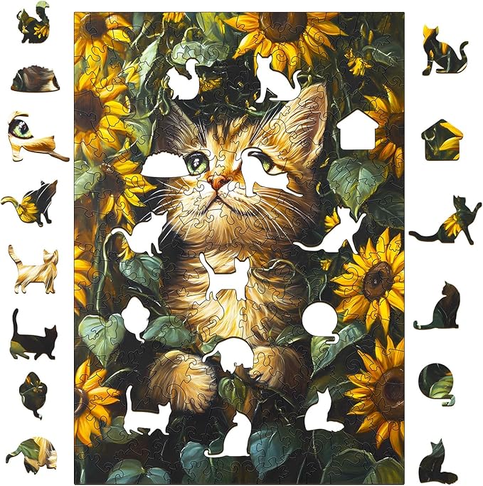 KAAYEE Wooden Puzzles for Adults, Sunflower and Cat 190 Piece Unique Animal Shape Puzzle, Cat Wood Puzzle for Adults, Creative Gifts for Friends/Family, Home Decor(11.4 * 8in)