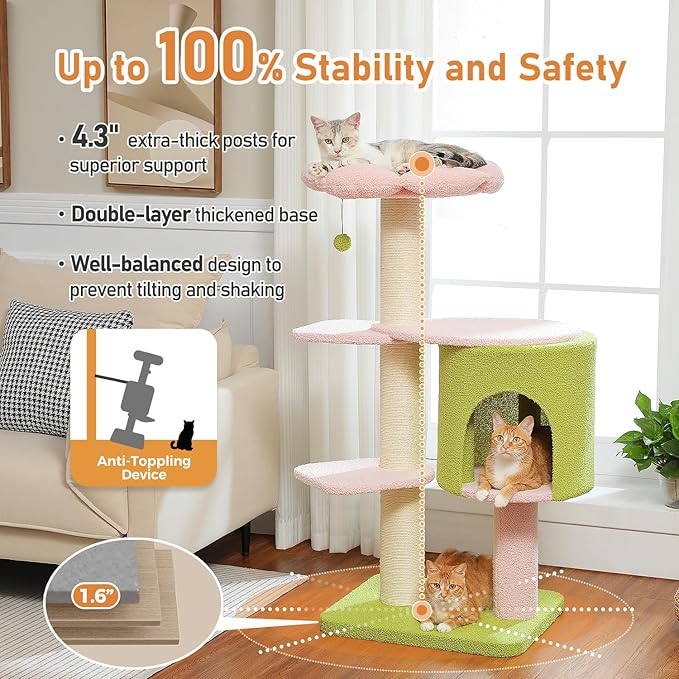 50" Pink Flower Cat Tree for Large Heavy Cats, Maine Coon Cat Tower with Extra Thick Scratching Posts (φ4.3in), Spacious Cat Condo for Big Cats 20 lbs, Soft Top Bed-Green
