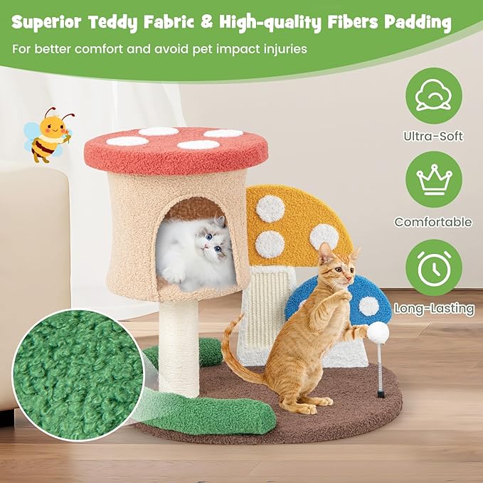 Tangkula Mushroom Cat Tree, Cute Cat Tower with Full-Wrapped Sisal Post, Scratching Board & Spring Ball, Cat Condo, Flower Cat Tree Tower for Indoor Cats Large Adult (23.5 Inch)