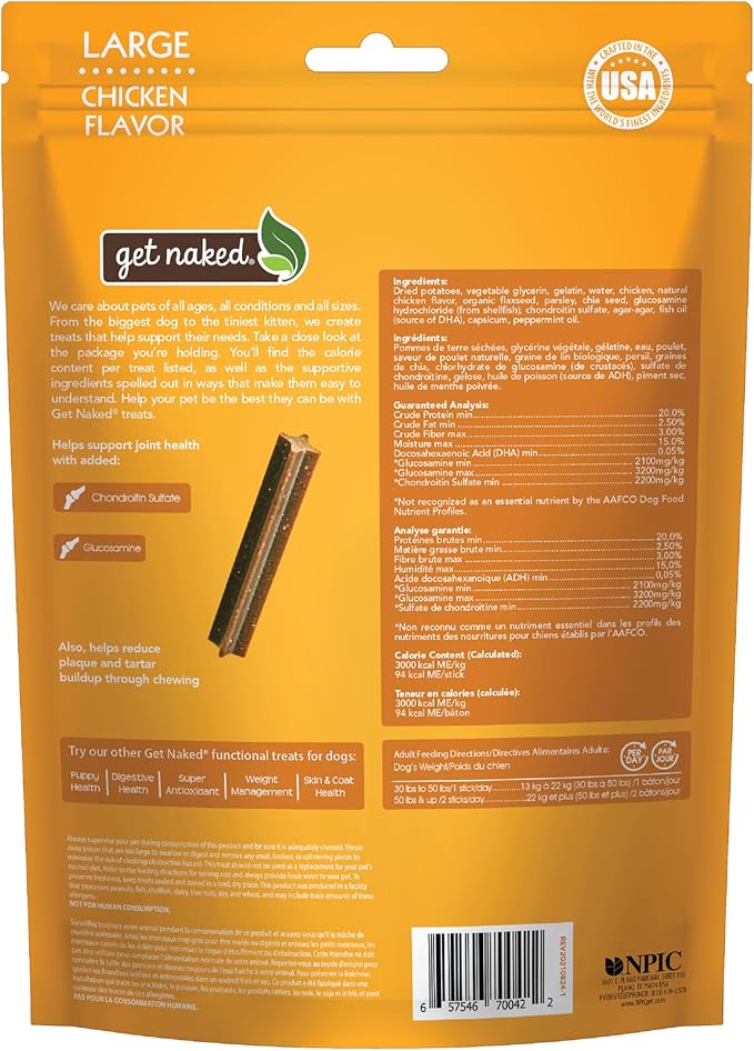 Get Naked Grain Free 1 Pouch 6.6 Oz Joint Health Dental Chew Sticks, Large