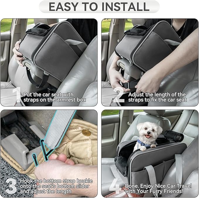 PETSFIT Multipurpose Console Dog Car Seat, Portable Small Dog Car Seat for Dogs, Cat Carrier, Pet Carrier Airline Approved with Safety Tether and Pockets (Light Grey)