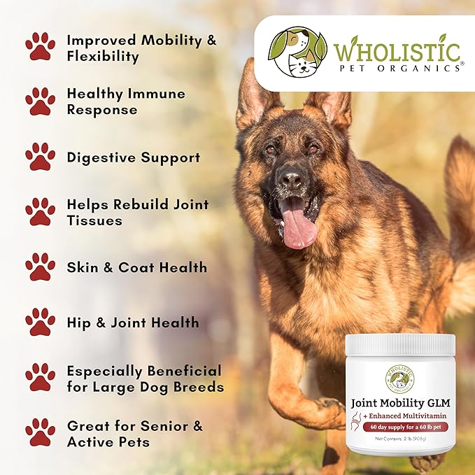 Wholistic Pet Organics Joint Mobility GLM - 2 Lb - Hip and Joint Supplement for Dogs - Glucosamine for Dogs - Chondroitin Supplement with Green Lipped Mussels - Senior to Puppy - Large & Small Breeds