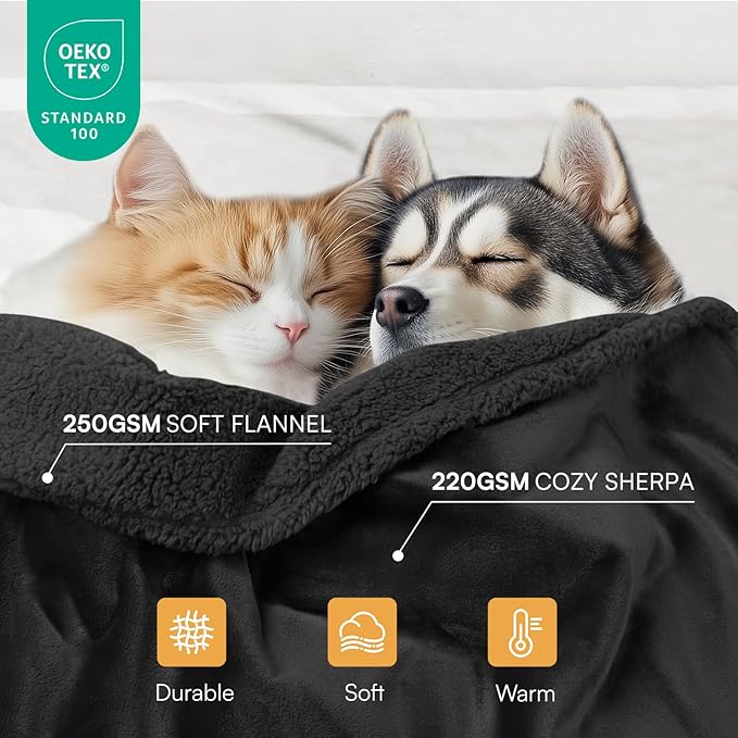 Luciphia Waterproof Pet Blankets, Liquid Pee Proof Dog Blanket for Sofa Bed Couch, Reversible Sherpa Fleece Furniture Protector Cover for Small Medium Large Dogs Cats, Black King Size（100" x 85"）