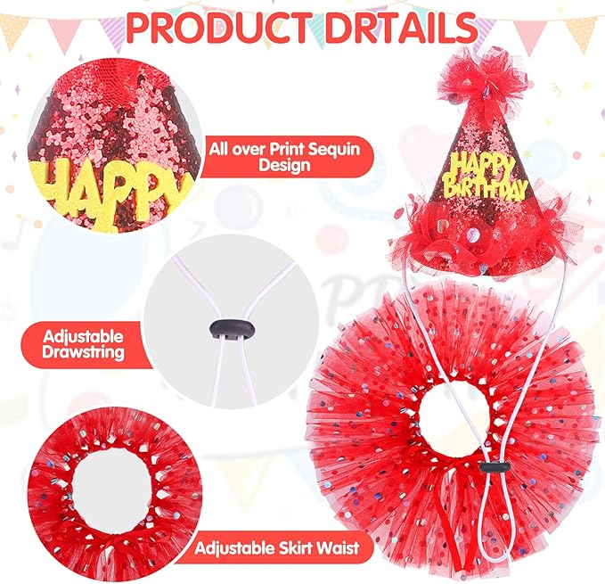 SCENEREAL Dog Birthday Bandana with Hat and Dress Girl Set, Puppy Birthday Party Supplies, Cute Tutu Skirt Red Outfit for Small Medium Large Dogs