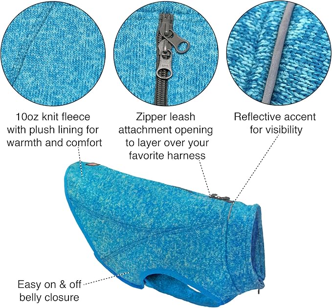 Kurgo Core Dog Sweater with Fleece Lining - Cold Weather Pet Jacket, Zipper Opening for Harness, Adjustable Neck, Year-Round Sweater for Small Dogs (Heather Green, Small)