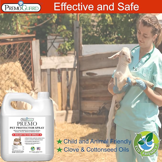 Premo Guard Pet Protector Spray - 128 oz - Kills Mites, Fleas, Ticks, & Mosquitoes - for Dogs, Cats, & Home - Natural Plant Based Oils for Control, Prevention & Treatment - Family Safe
