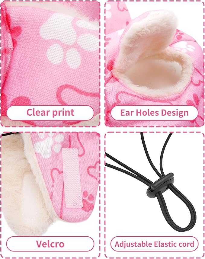 PET SHOW Dog Trapper Hat Winter Hat for Medium Large Dogs Warm Fleece Aviator Hats with Ear Flaps Adjustable Outdoor Girl Pet Pilot Costume Cap L-Pink Paw/with Ear Holes