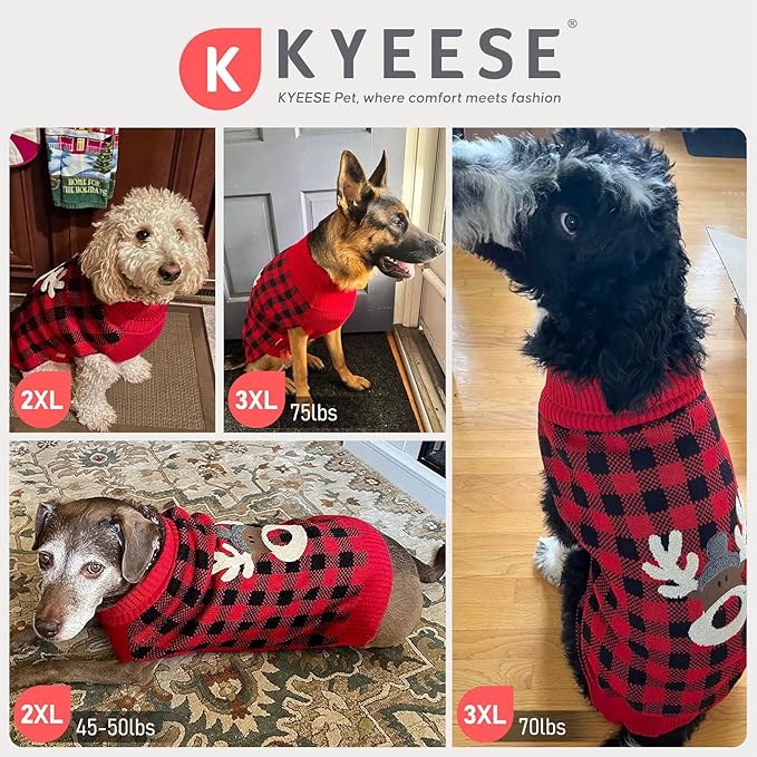 KYEESE Dog Christmas Sweater with Reindeer Pattern, Cozy Large Pet Christmas Red Buffalo Plaid Knit, Turtleneck Dog Sweater for Large Dogs with Leash Hole, Soft Warm Pet Clothes, XXX-Large