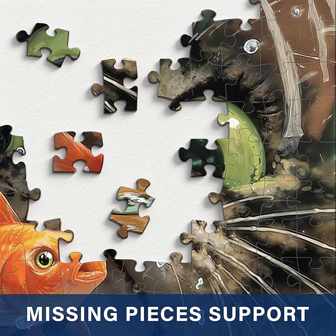 Curious Cat Fish Jigsaw Puzzles 1000 Pieces for Adults -Challenging Funny Kitten Terrified Fish Art, Premium Matte Finish, 27.56 x 19.68 Inches, Perfect for Game Nights