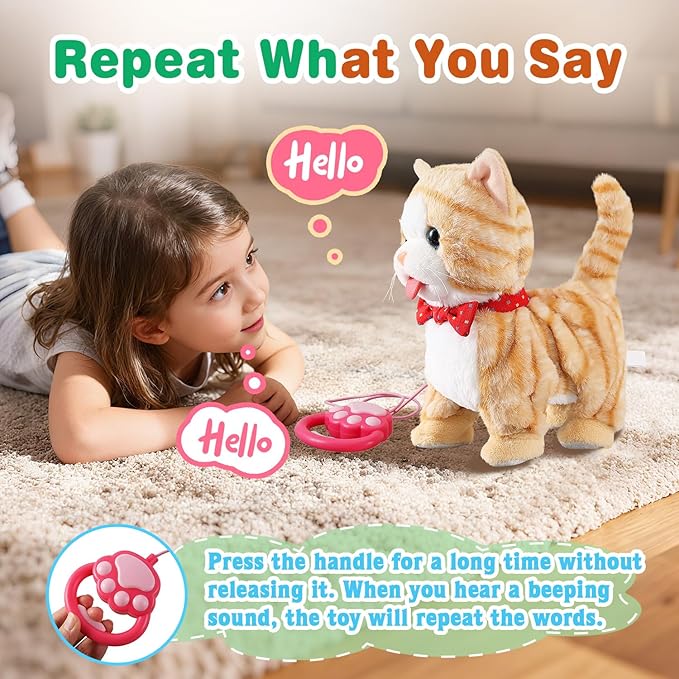 Yellow Pattern Leash Walking Cat Set Interactive Talking Toy Singing Dancing Kitten Mimicking Repeat What You Say Kitty Touch and Voice Control Nodding Wagging Tail Plush Electric Robot for Kid Girl