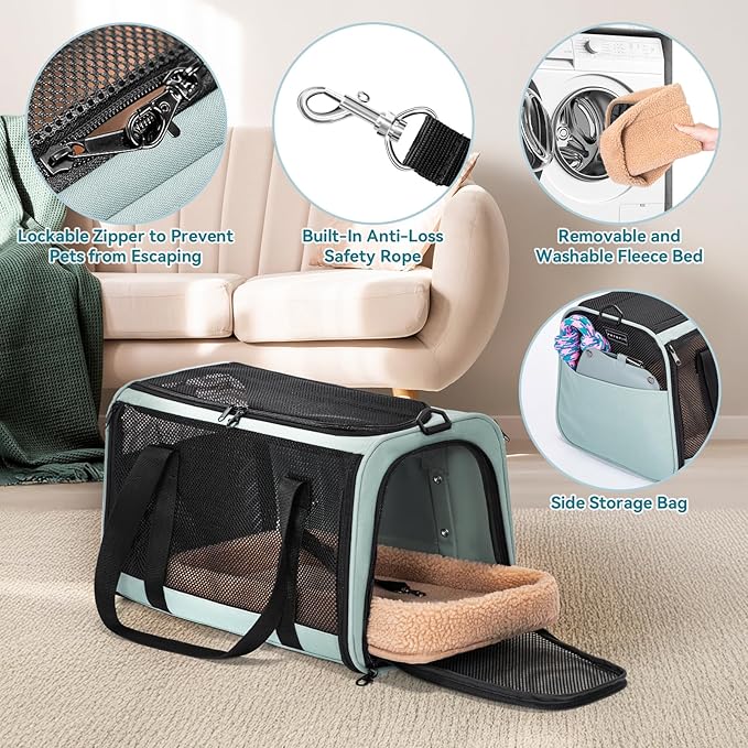 PETSFIT Cat Car Carrier for Small/Medium Cats Dogs, 18"x11"x11" Airline Approved Cat Carrier, with Patent Safety Buckles and Escape-Proof Zipper - Safeguarding Car Travel, Airplane, Vet, Outdoor