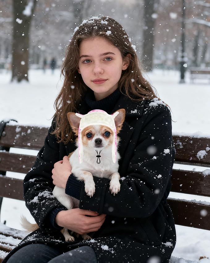 PET SHOW Dog Trapper Hat Winter Hat for Extra Small Dogs Cats Warm Fleece Aviator Hats with Ear Flaps Adjustable Outdoor Girl Puppy Pet Pilot Costume Cap XS-Pink Paw/with Ear Holes