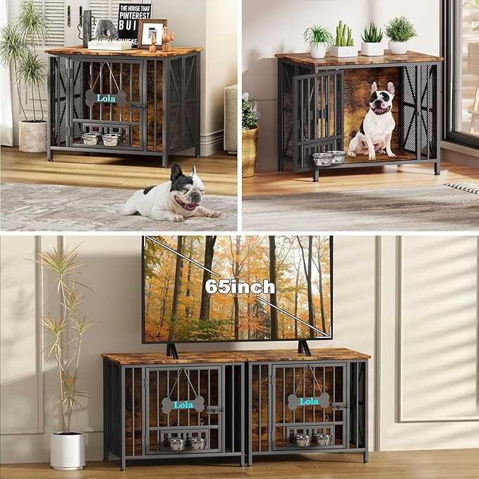 Easycom Dog Crate Furniture, 31.5" Assembly-Free Dog Crates for Small & Medium Dogs, Foldable Dog Kennel Indoor with Tag & Adjustable Dog Bowls, Wooden Dog Cage Use as End Table, Rustic Brown