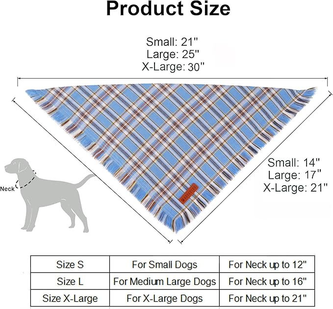 ADOGGYGO Dog Bandanas Boy with Tassels Edges, Stylish Blue Plaid Pet Scarf, Soft Cotton Fabric, Adjustable Reversible Plaid Bandanas for Extra Large Dogs (X-Large)