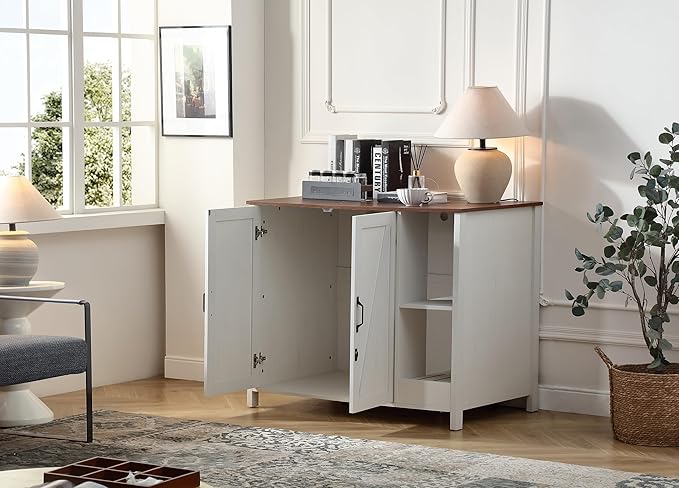 Large Cat Litter Enclosure with Litter Collector, Enclosure for self-Cleaning Litter Boxes,Adjustable Shelf for Dog Proof,Charging Station,Locks Added for cat,Cat House,Antique White