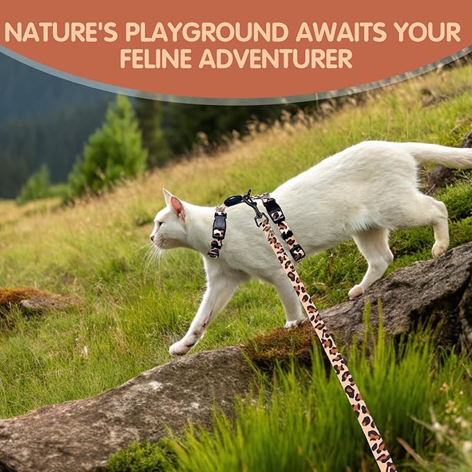 BINGPET Cat Harness and Leash Set Escape Proof for Walking,Adjustable Kitten Harness with Airtag Holder for Small Medium Large Cats (Classic Leopard Print,Neck:8"-12",Chest:12.5"-18")