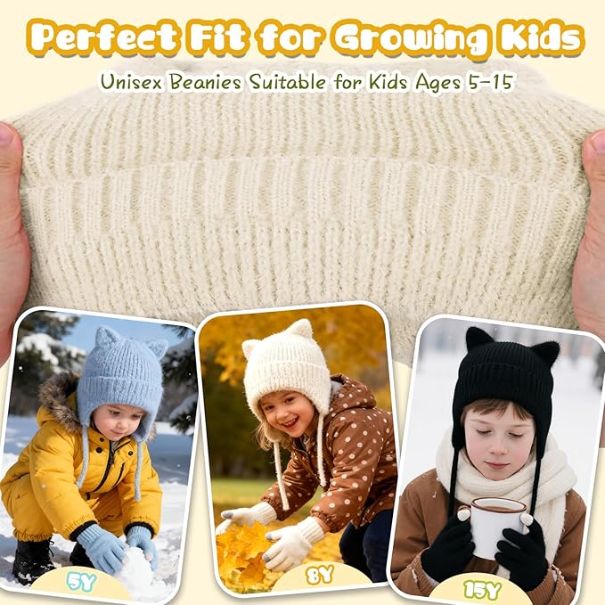 ZOORON Kids Winter Hat for Boys Girls, Cat Beanie Children Knit Skull Cap with Warm Ear Flap, Teen Beanie Hat Age 5-15 Years
