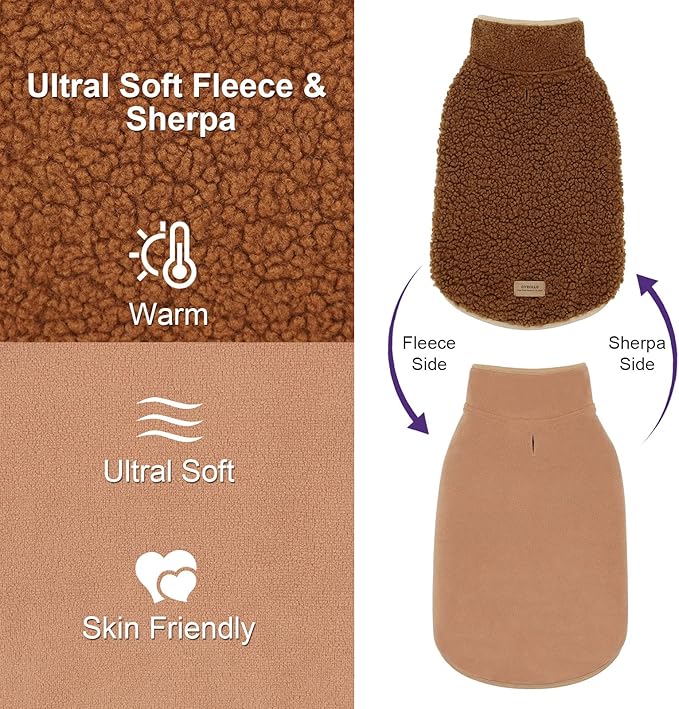 cyeollo Fleece Dog Jacket Reversible Turtleneck Furry Sweater Thick Dog Clothes for Winter Warm Cold Weather Coats for Small Medium Dogs Apparel, Brown, XL