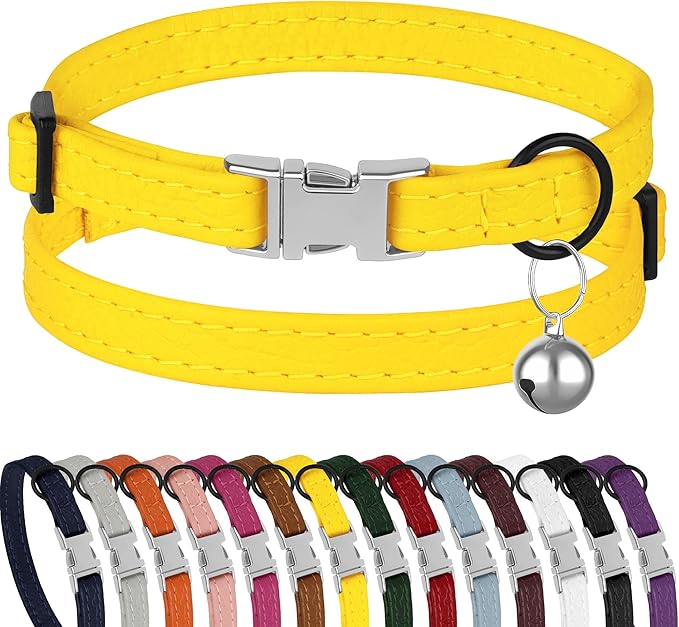 Leather Cat Collar with Buckle and Removable Bell - Non Breakaway Adjustable Soft Safety Small Pet Collars for Girl Boy Cats Kitten (Yellow)