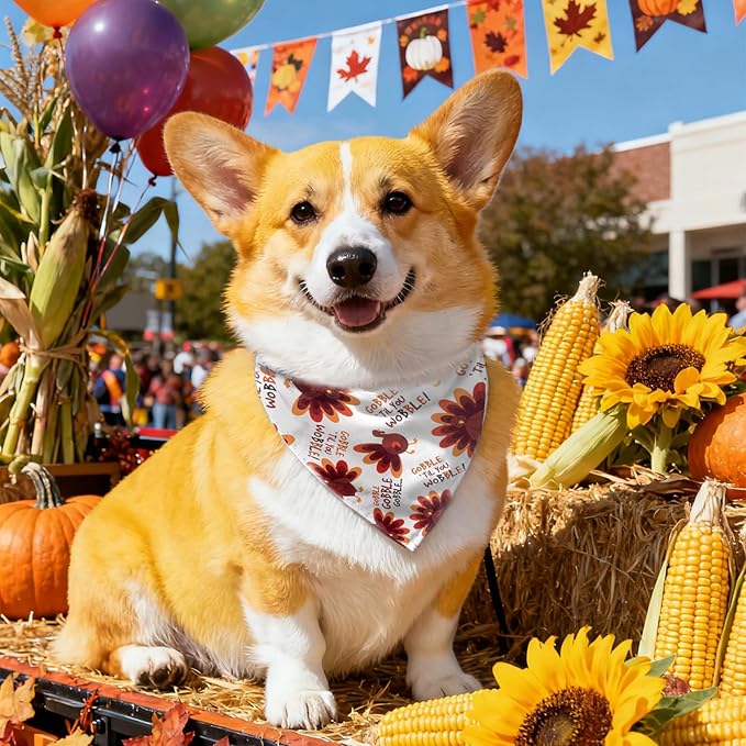 Dog Fall Bandanas Theme - Gobble Till You Wobble - Cute Turkey Printed Thanksgiving Holiday Pet Triangle Scarf with Snap Button, Medium and Large Breed, 30-75lbs