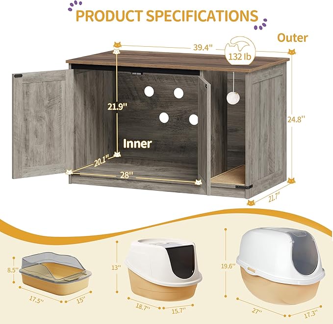 Cat Litter Box Enclosure, Hidden Litter Box Cabinet Furniture with Bell, Indoor Cats House, Farmhouse Style, 39.4 x 21.7X 24.8 Inches, for Hallway, Bedroom, Greige CB85205X