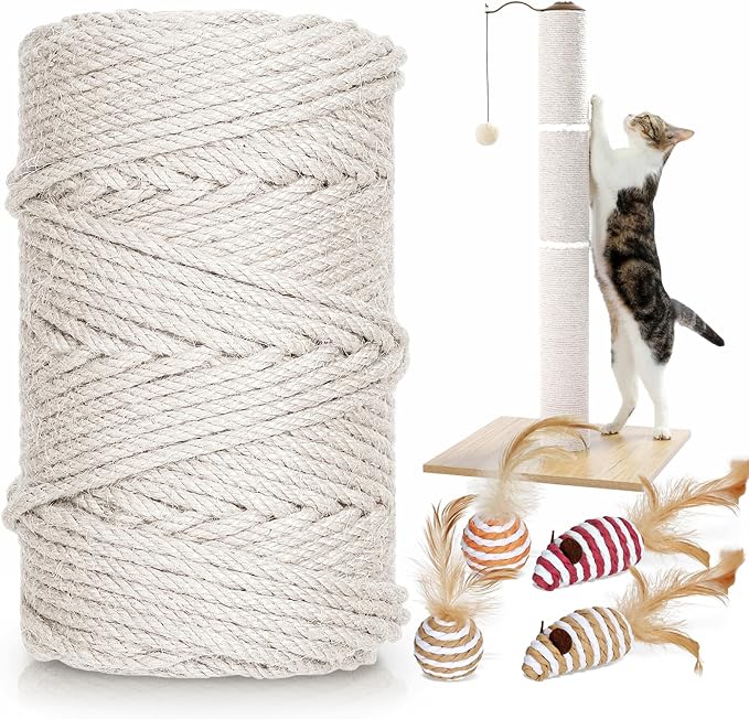 262 ft/80 m White Sisal Rope for Cat Scratcher, 1/5 inch/ 5 mm Thick Twine for Cat Scratching Post Cat Tree Replacements DIY Craft Projects, Jute Hemp Rope with 4 Random Colors Cat Toys