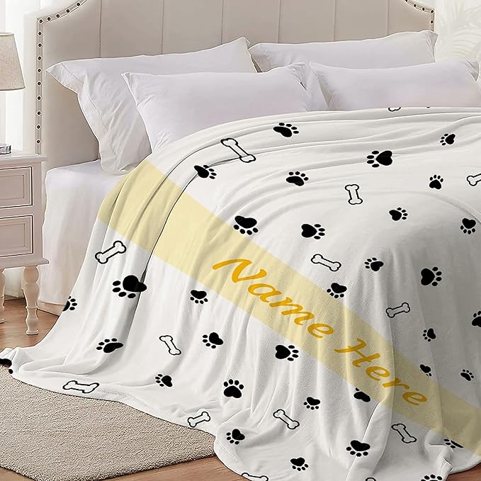 Custom Pet Name Personalized Dog Blanket, Puppy Gift - Soft Flannel Throw for Bed, Sofa, Travel - Extra Large 120"x90" with Cute Dog Paw Prints