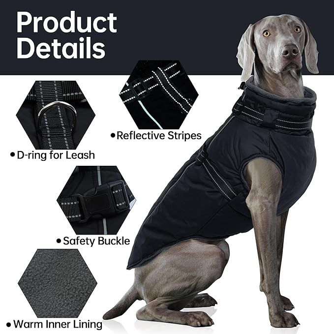 PUMYPOREITY Snow Jacket for Large Dogs Waterproof, Warm Dog Winter Coat with Harness Built in, Fleece Jacket with Back Zipper, Cold Weather Coats for Outdoor, Windproof Pet Snowsuit, Black, 2XL