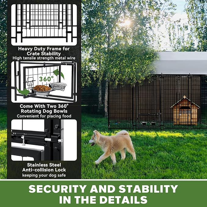 Oranland 4x4x6FT Outdoor Dog Kennel, Heavy Duty Welded Wire Steel Dog kennels with Secure Lock for Outside, Dog Pen with Waterproof Roof Cover and 2 Rotating Dog Bowls