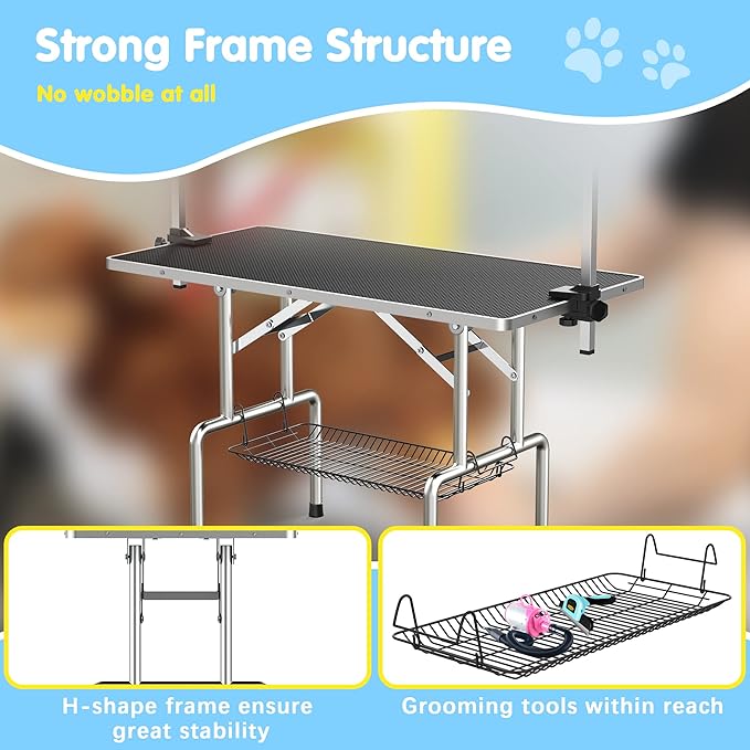 Lyromix 46''Large Dog Grooming Table, Adjustable Cat Drying Desktop with Arms, Nooses, Mesh Tray, Foldable Pet Station at Home, Maximum Capacity Up to 330Lb, 46inch, Black, 46in