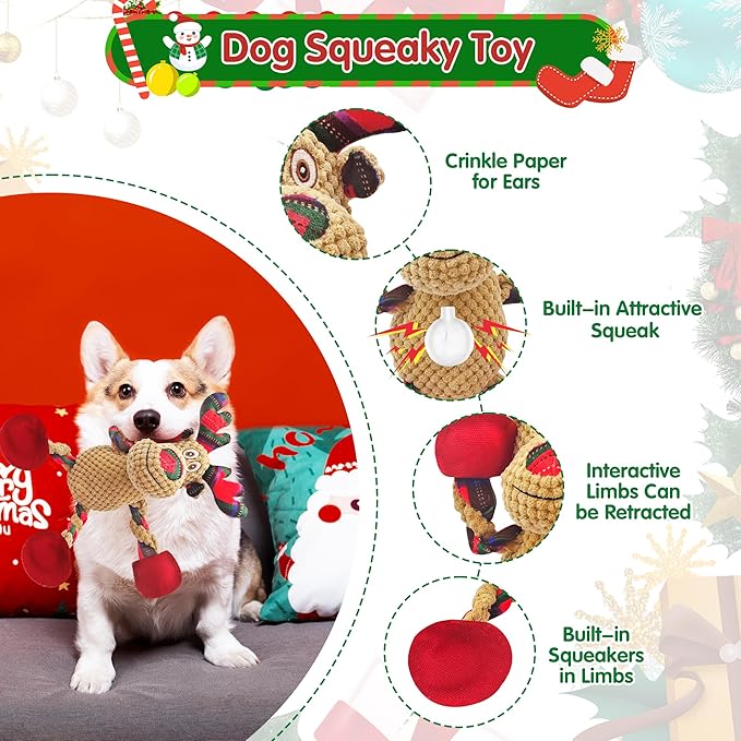 Christmas Plush Squeaky Dog Toy With Crinkle Paper, Cute Puppy Toys With Cotton, Durable Interactive Chew Toys for Small Medium Large Breed