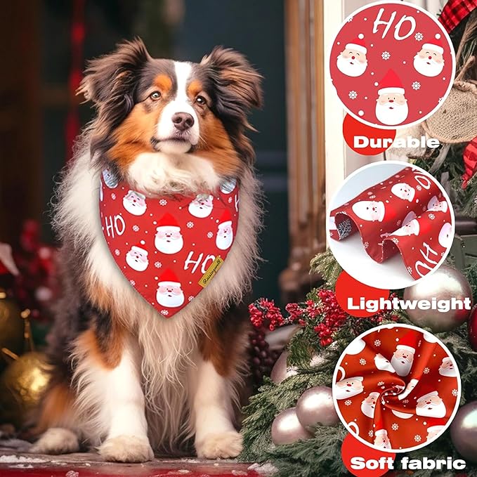 Christmas Dog Bandanas 2 Pack, 4 Pattern Reversible Holiday Bandana for Boy and Girl, Dog Scarf for Medium and X- Large Breed Dogs | Chritmas Gift | Reindeer | Santa Claus | Tree |