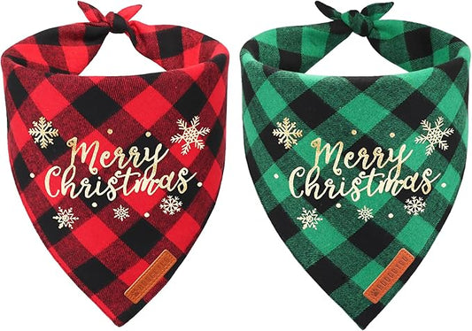 ADOGGYGO 2 Pack Christmas Dog Plaid Bandana Triangle Bib Set Pet Christmas Bandanas Scarf Accessories for Medium Large Dogs Pets (Large)