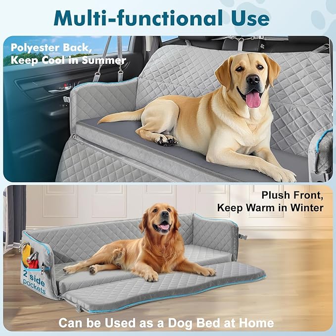 Large Dog Car Seat, Dog Car Bed for Large Dogs Under 120lbs, Dog Booster Seat with Thick Cushion and 2 Pet Safety Leashes, Detachable & Washable Pet car Bed for Backseat