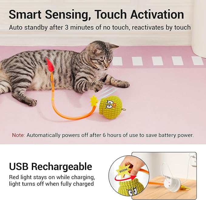 Potaroma Interactive Cat Toy with Motion Sensor, Chirping Sound & Catnip – Funny Grenade Design with Mesh Tail, Rechargeable Smart Rolling Ball for Bored Indoor Kittens & Adult Cats 3 Inches
