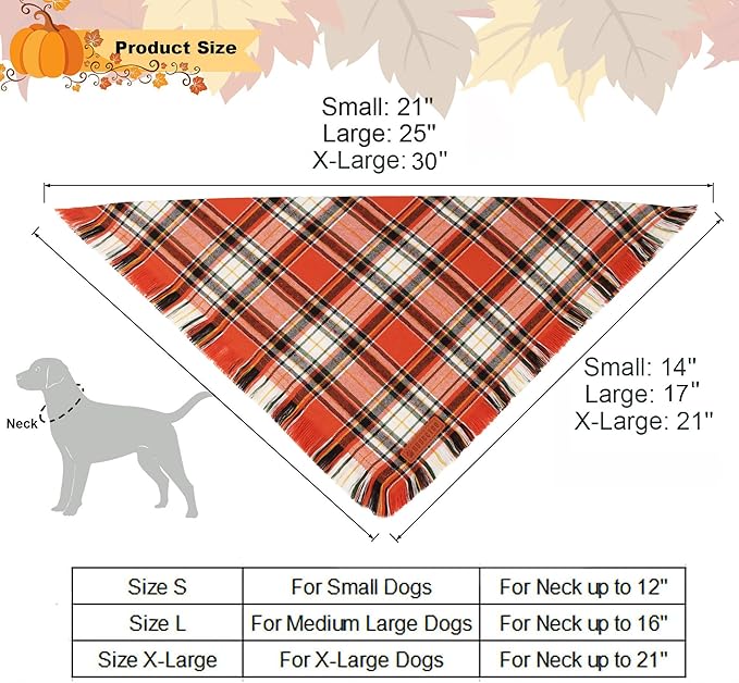 ADOGGYGO Fall Dog Bandana with Tassels Edges, Stylish Orange Plaid Pet Scarf, Multiple Size, Thanksgiving Halloween Fall Bandanas for Medium Large Dogs (Large)