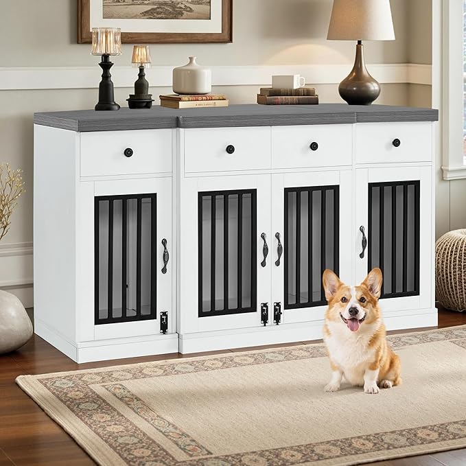 MCombo Wooden Dog Crate Furniture with 4 Drawers and 4 Lockable Doors, Pet Kennel TV Stand for Medium/Large Dogs 1872 (White and Grey)