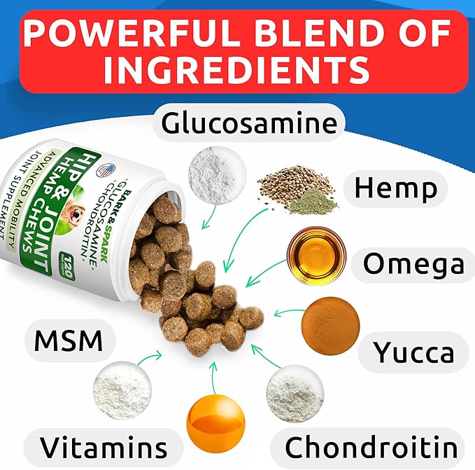 Hemp Hip & Joint Supplement for Dogs - Glucosamine for Dogs - Dog Joint Pain Relief Treats - Chondroitin, MSM - Mobility & Flexibility Support - Advanced Joint Care & Health - Made in USA