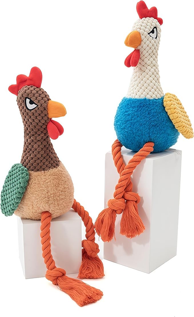 Plush Chicken Dog Toy with Squeaker, Interactive Rope Legs, Colorful Textured Rooster Chew Toy for Small, Medium Dogs, Tug-of-War, Fetch