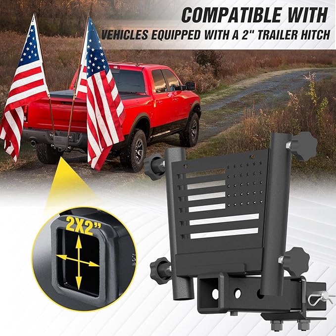 for Trailer Hitch Flag Pole Holder for 2-Inch Receiver, Heavy Duty Hitch Mount Flagpole Bracket with License Plate Holes, Fits Truck SUV RV Pickup Camper, Tow Hitch Flag Mount for Parade Camping