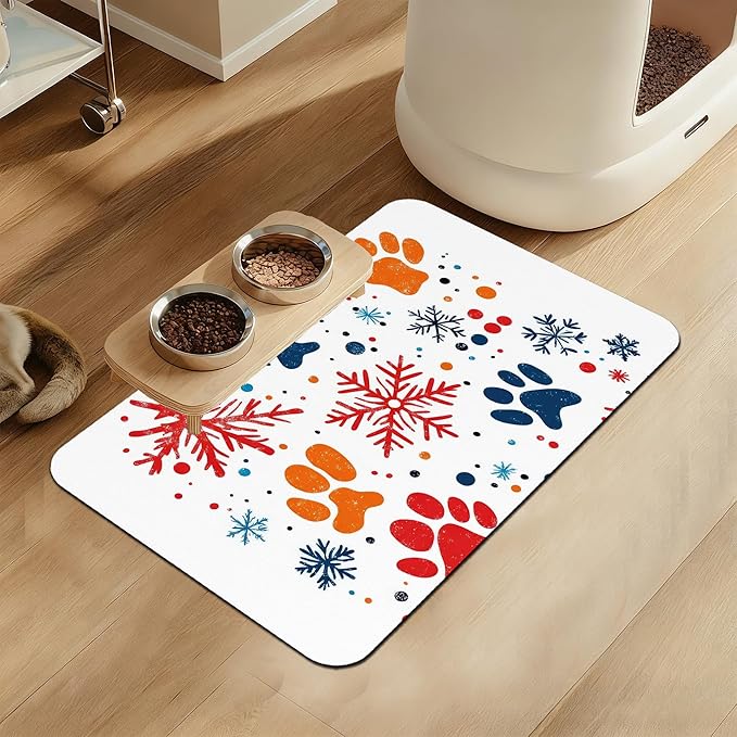 Chirstmas Snowflake Paw Pet Food Mat for Cats and Dogs–Absorbent Quick Dry Feeding Placemat, Non Slip Rubber Base, Waterproof Bowl Mat for Indoor Use, Pet Supplies 12"x20"