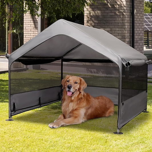Summertrail Extra Large Dog House Outside, Dog Tent Outdoor, Big Dog Shade Shelter Doghouse Canopy with Three-Sided Breathable Mesh Windows, Gray Sun Rain Cover for Pet Cat Livestock 4'x 4'x 3.3'