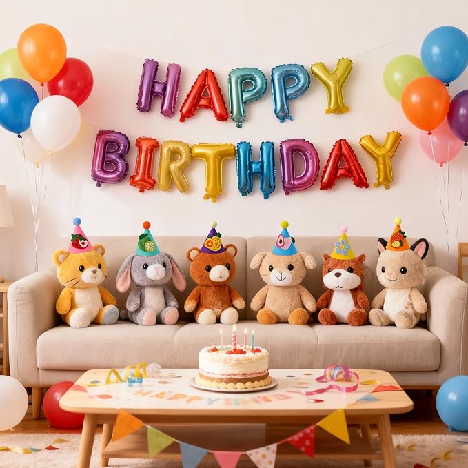 12pcs Mini Party Hats for Stuffed Animals, Small Colorful Birthday Hats with Cute Fruit Knitted Applique for Dolls Dogs Cats Rabbits, Birthday Party Decoration Supplies